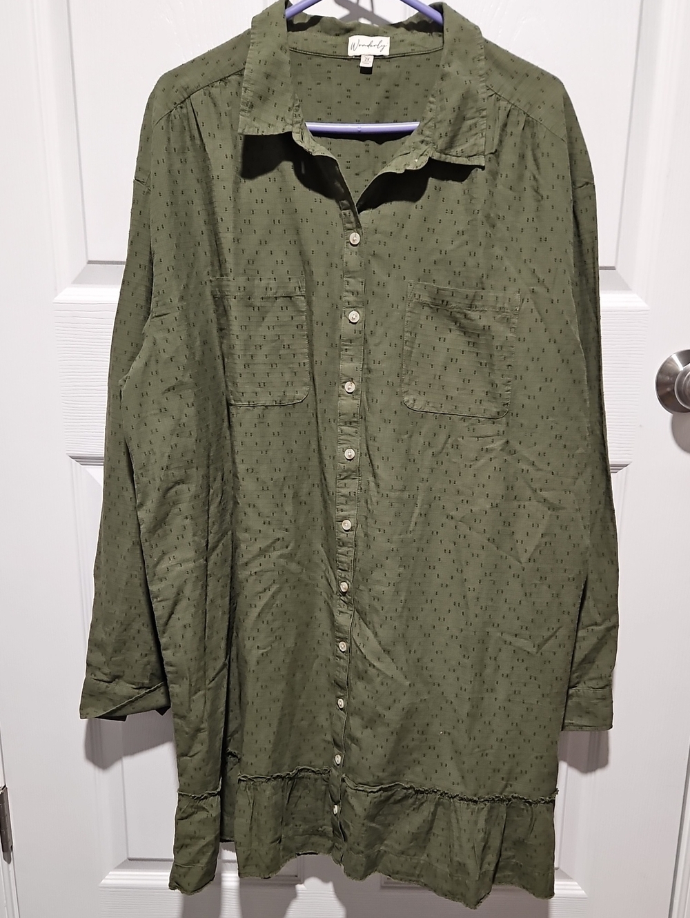 Wonderly Olive Green Mini Shirt Dress with Ruffle Hem